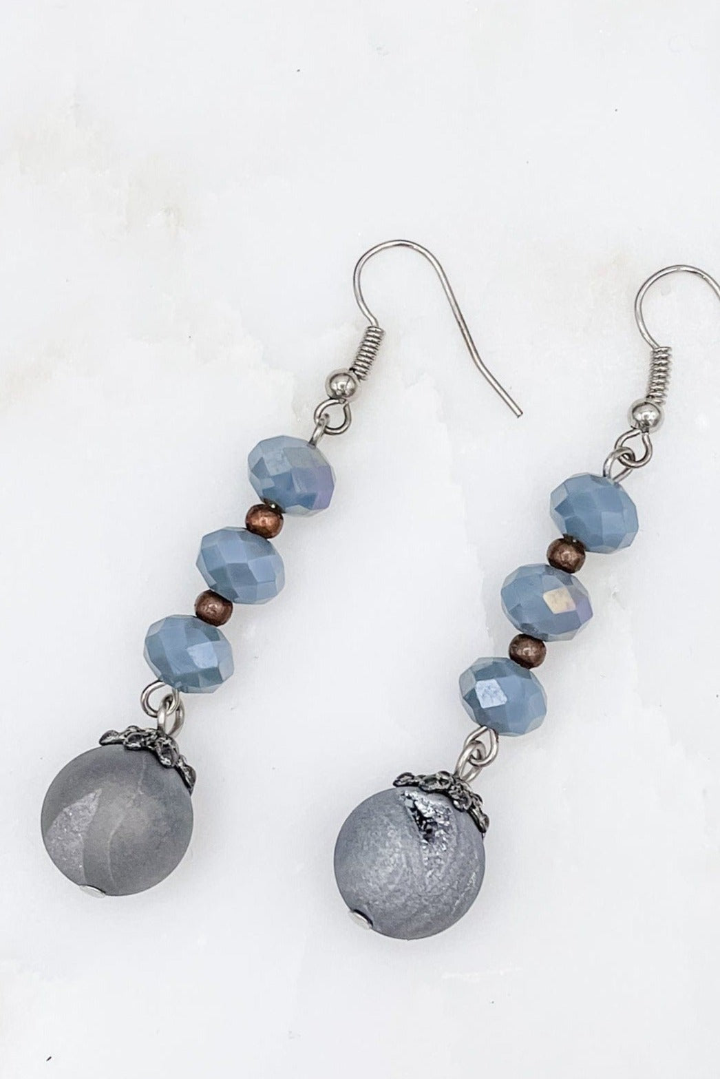 3 Bead Earring with Silver Druzy Stone