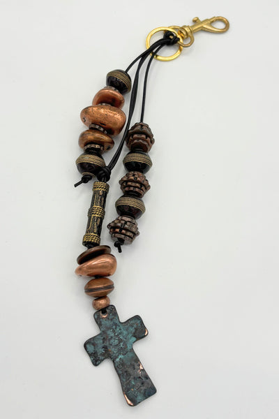 Jaydi Antiqued Metal Cross Triple Strand Mixed Beaded Bag Charm Keychain