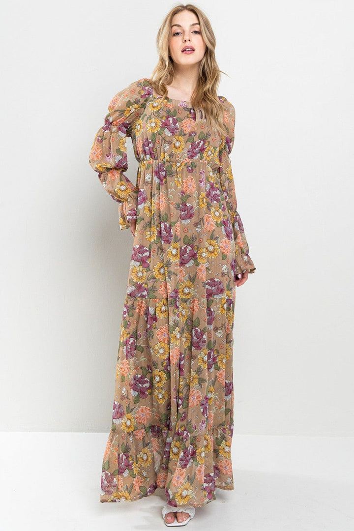 Ces Femme Floral Tiered Bell Sleeve Maxi Dress