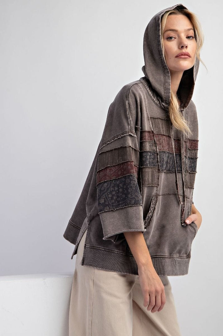 Easel 3/4 Sleeve Print Mix Mineral Washed Hoodie Pullover