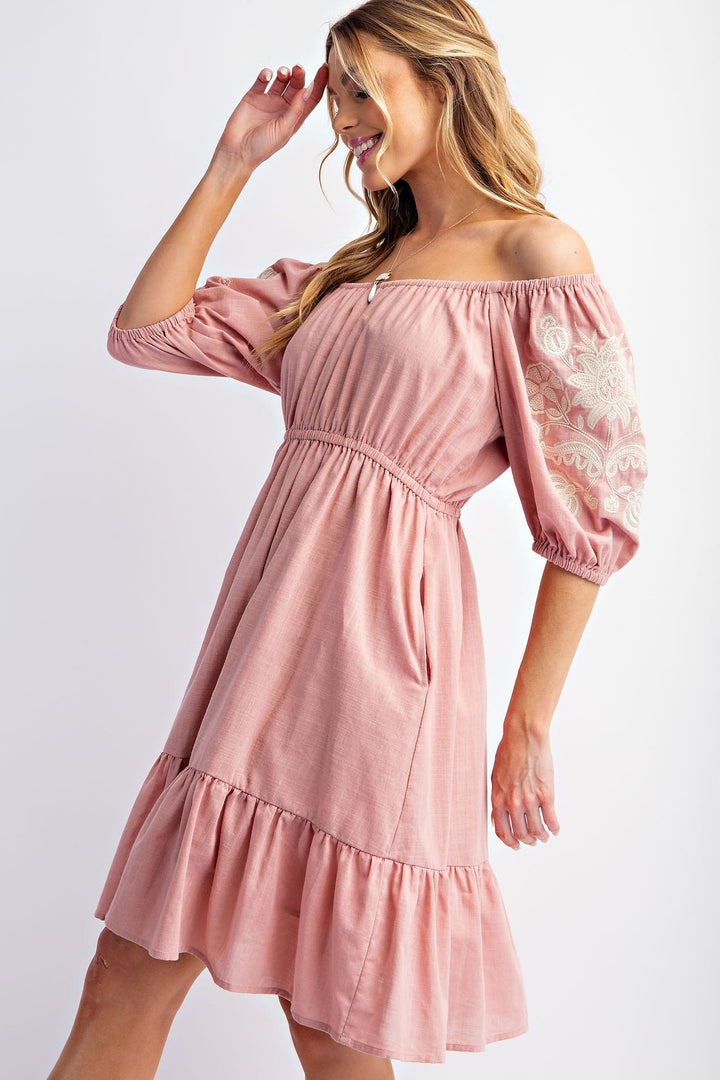 Easel Embroidered Bubble Sleeve Linen Dress