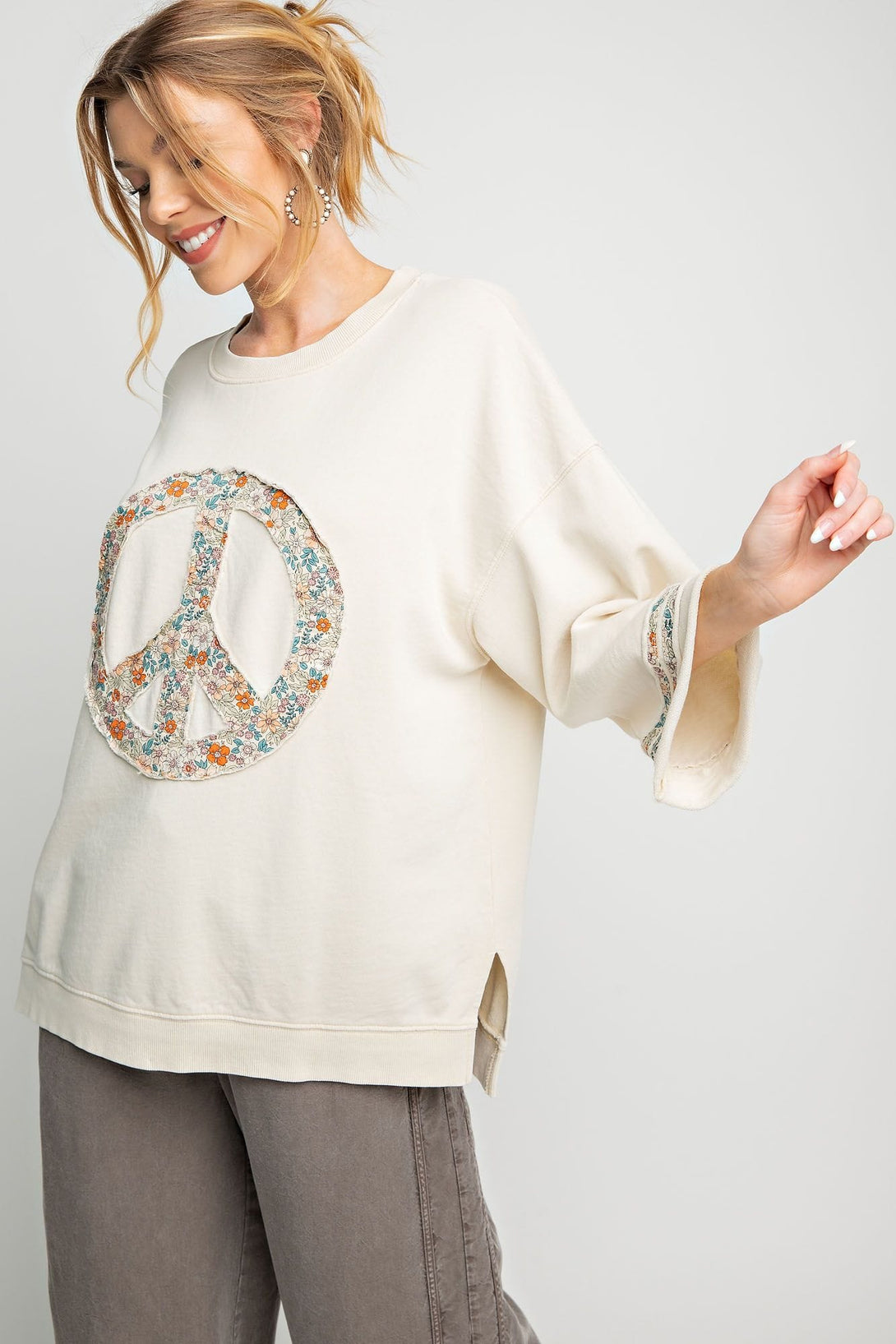 Easel Half Sleeve Peace Patch Front Mineral Wash Terry Knit Top