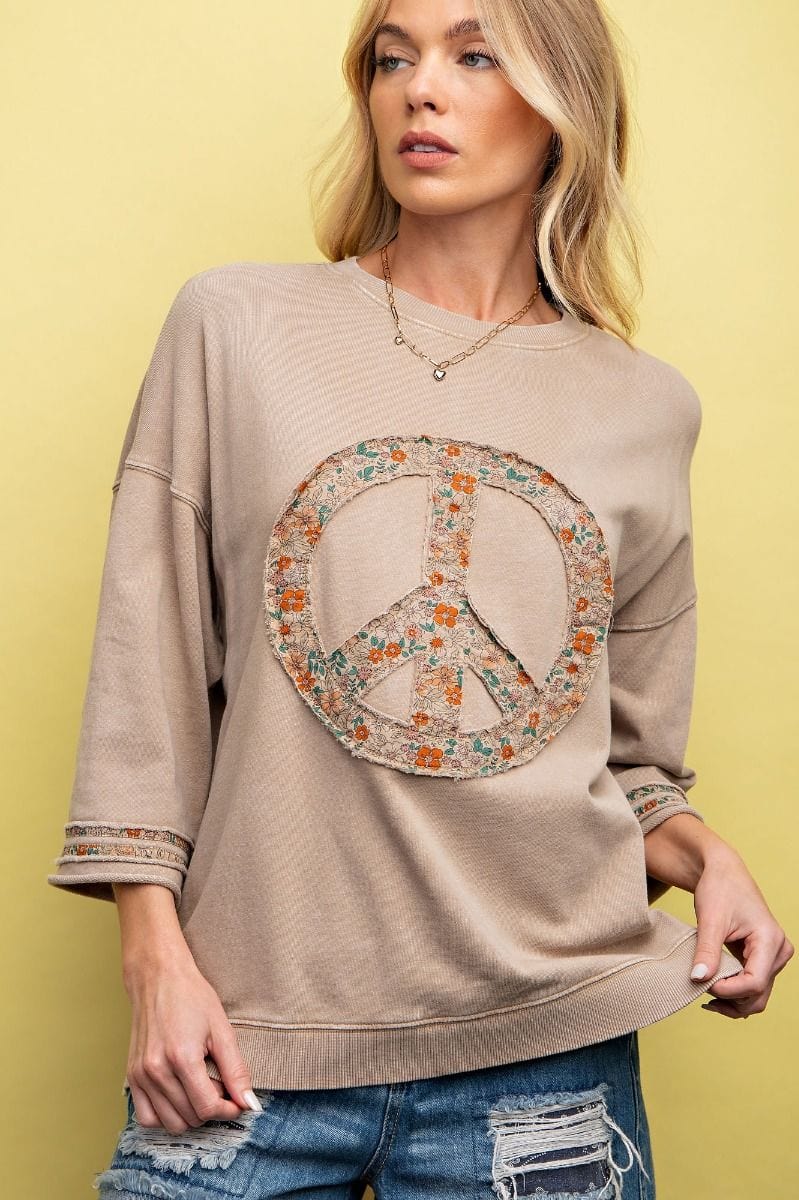 Easel Half Sleeve Peace Patch Front Mineral Wash Terry Knit Top