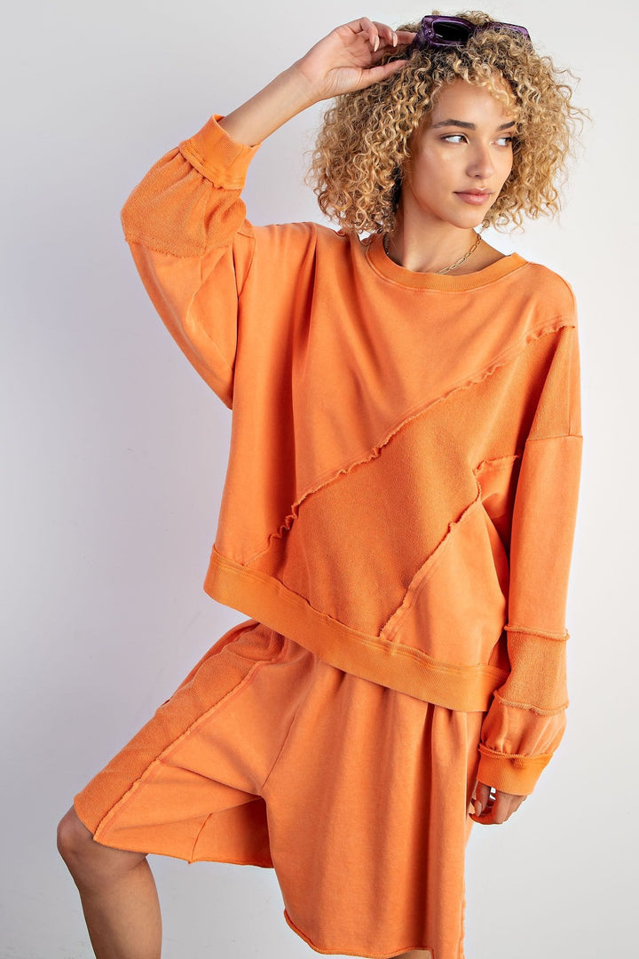 Easel Long Sleeve Mineral Washed Terry Knit Pullover and Shorts Set