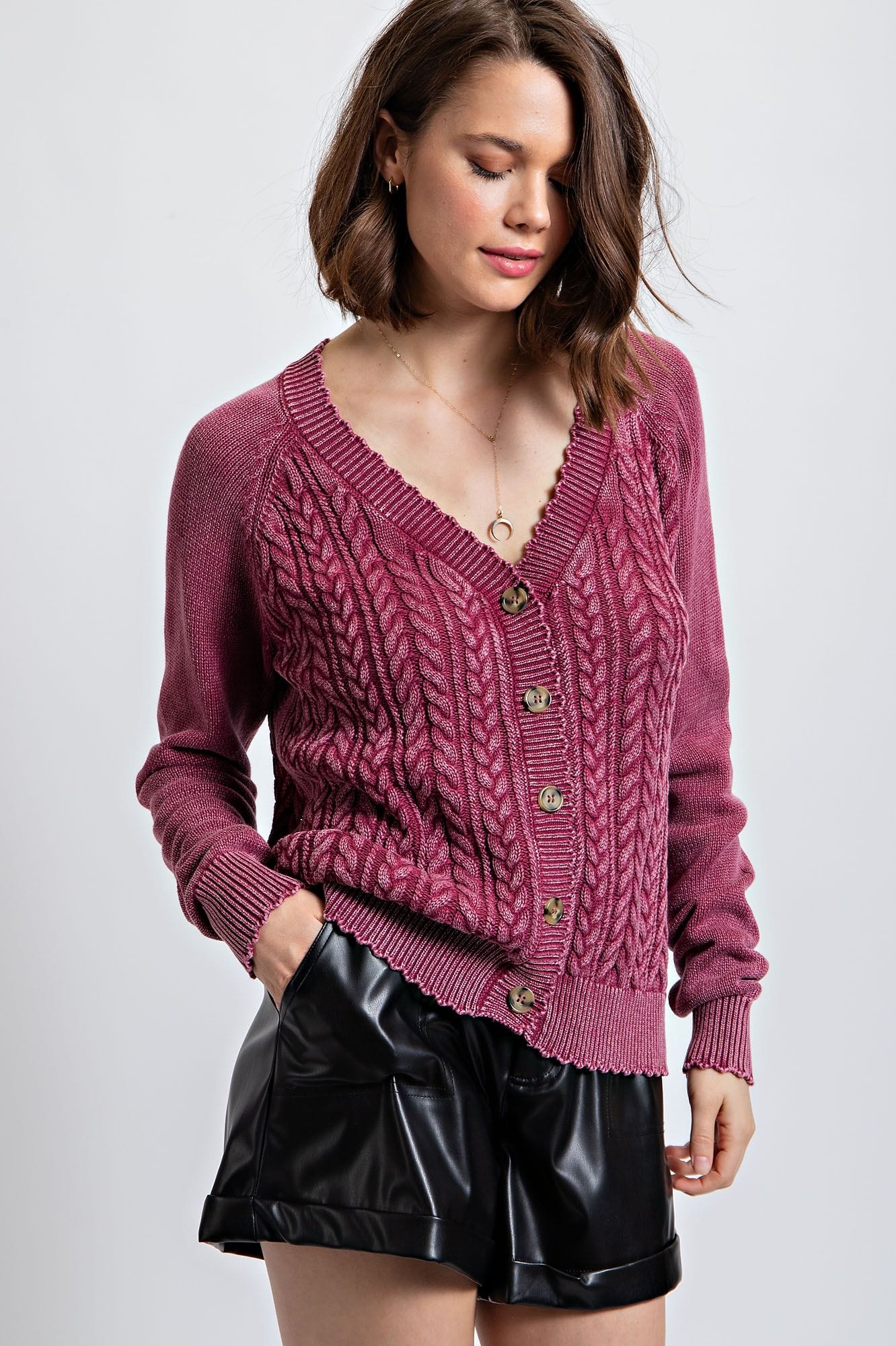 Easel Mineral Washed Cable Knit Cardigan jfybrand