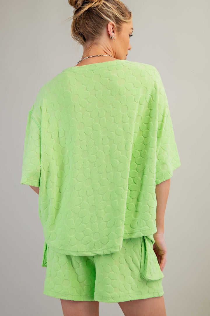 Easel Short Sleeve Flower Patterned Towel Knit Loose Fit Top