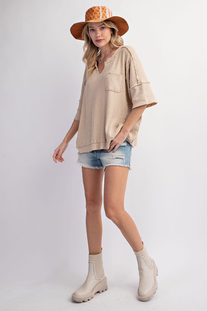 Easel Short Sleeve Mineral Washed Thermal Knit Top