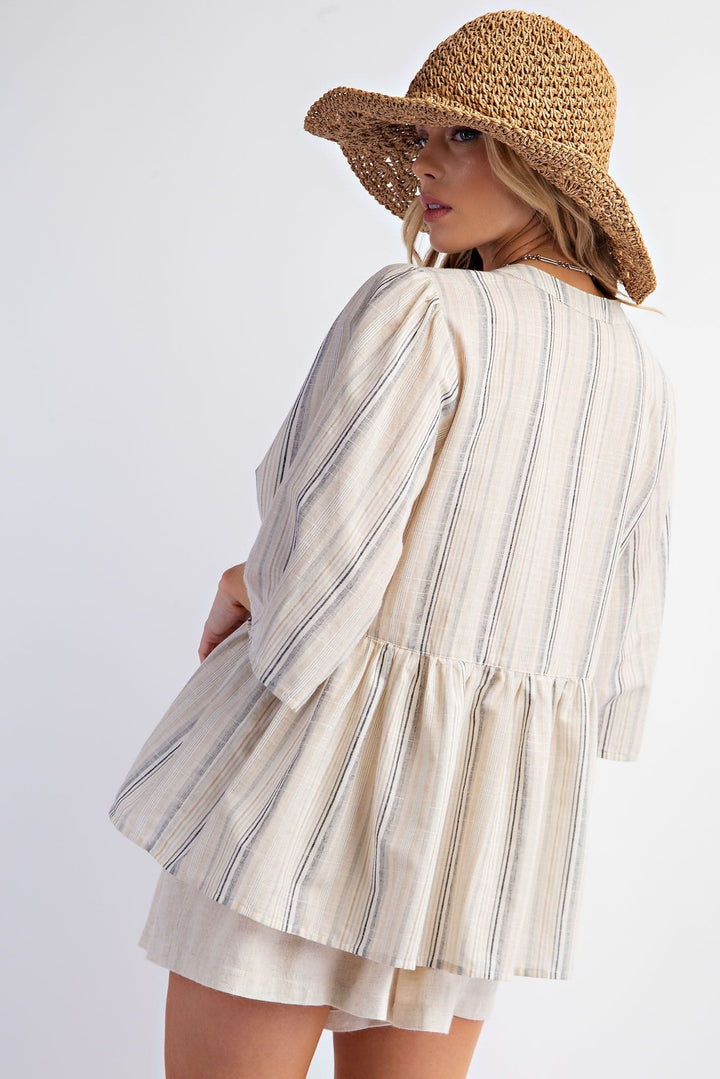 Easel Striped Cotton Linen Embo Top