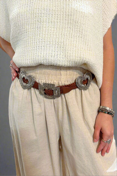 Elise Heart and Country Style Belt Buckle Genuine Leather Braided Belt