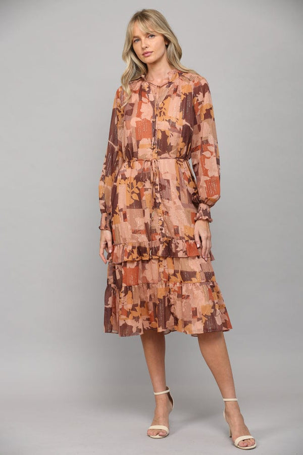Fate Abstract Print With Lurex Chiffon Button Front Tiered Midi Dress
