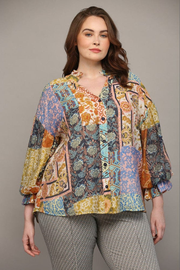 Fate Patchwork Mixed Print Bubble Sleeve Blouse