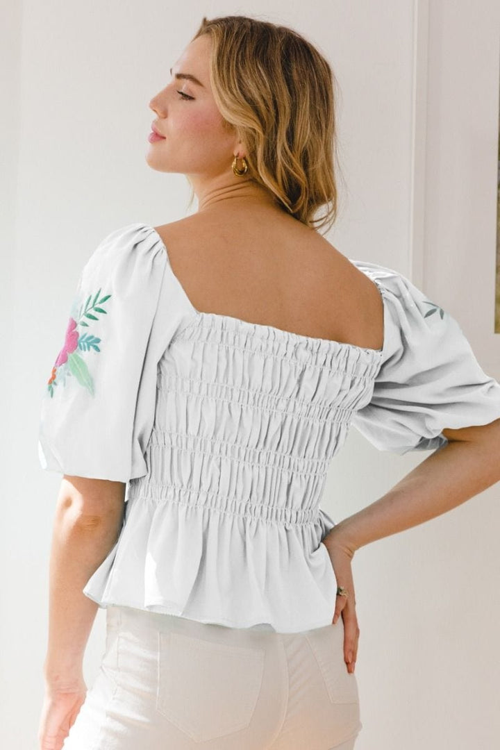 Floral Embroidered Puff Sleeve Smocked Peplum Top