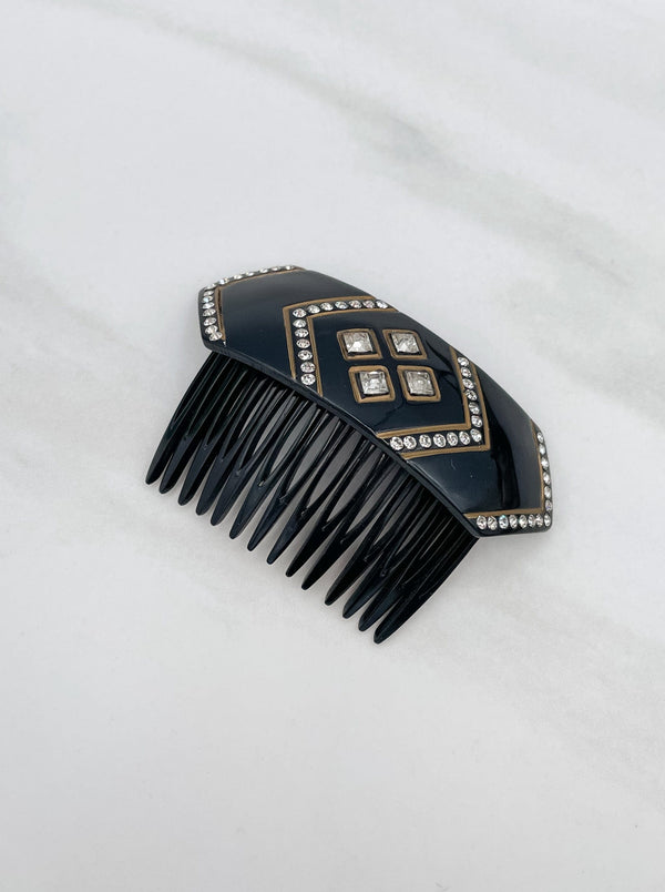 French Vintage Chevron Studded Hair Comb with Bronze Accents