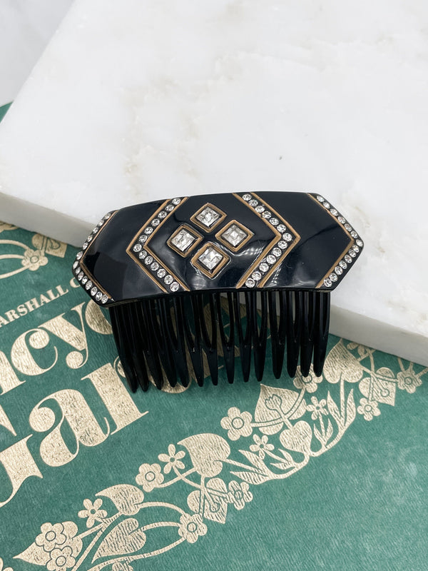 French Vintage Chevron Studded Hair Comb with Bronze Accents