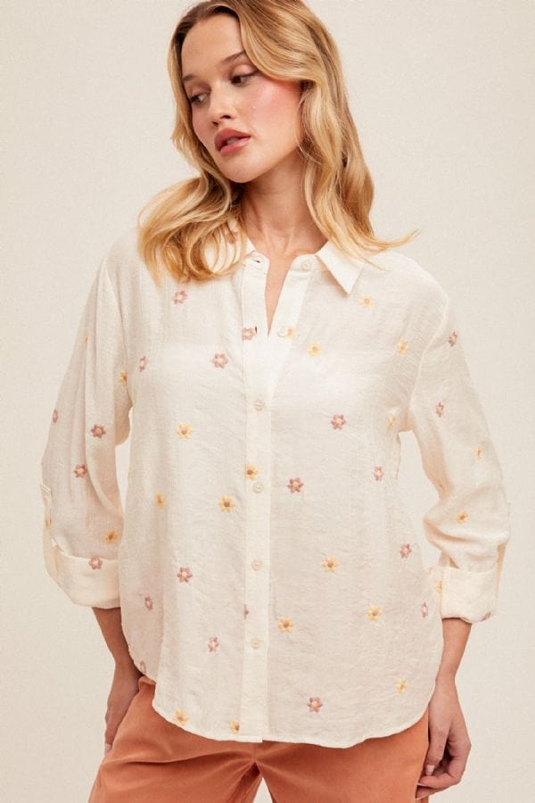 Hem & Thread Floral Embroidered Button Down Shirt