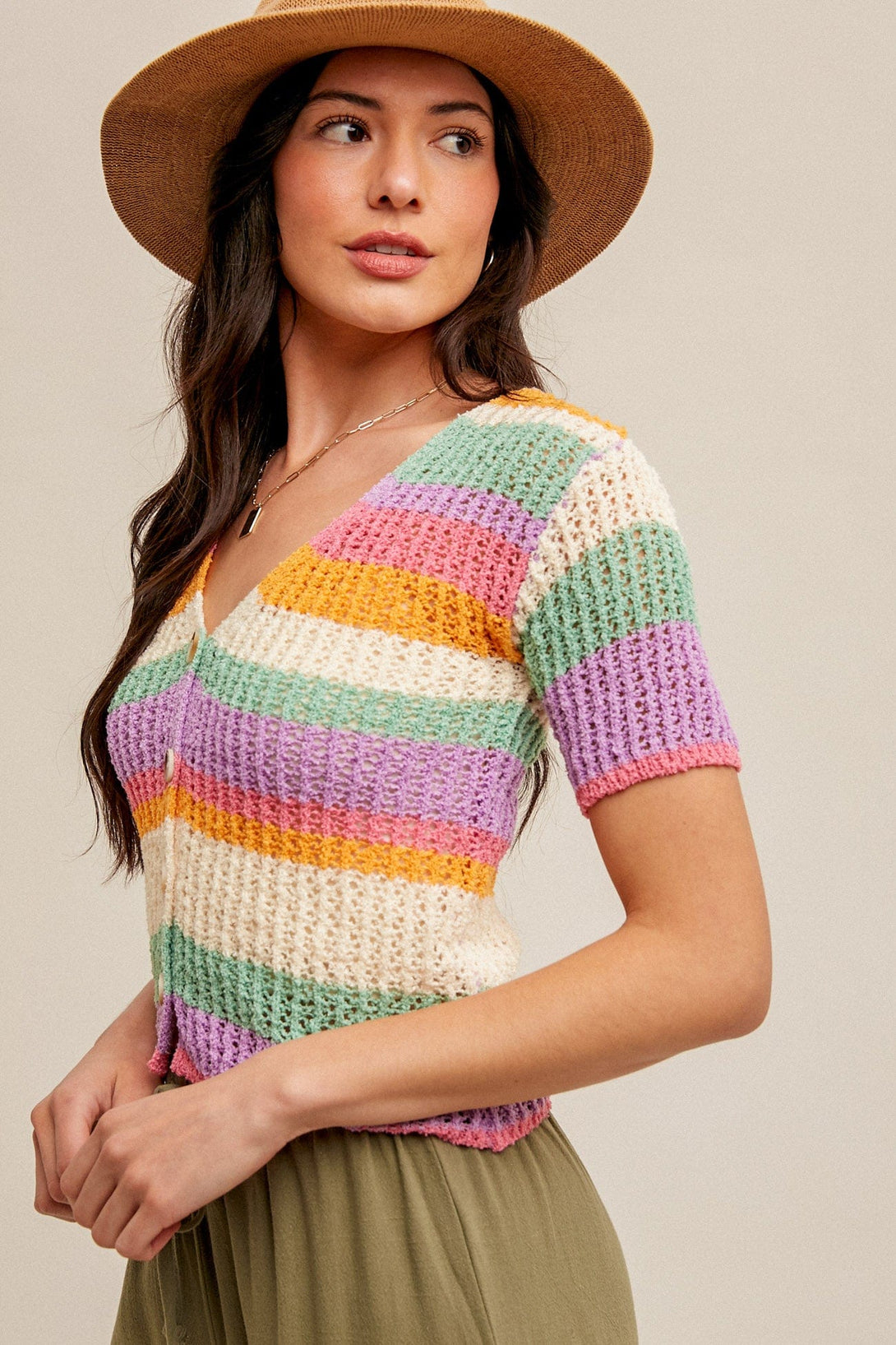 Hem & Thread V-Neck Short Sleeve Button Down Striped Knit Cardigan