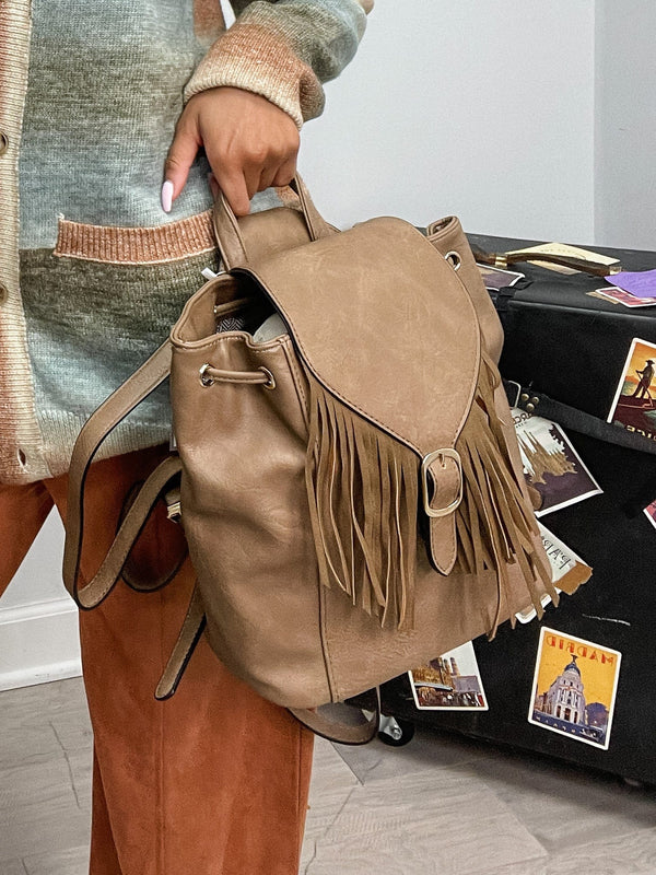 Jen & Co Jewel Distressed Bucket Backpack with Fringe