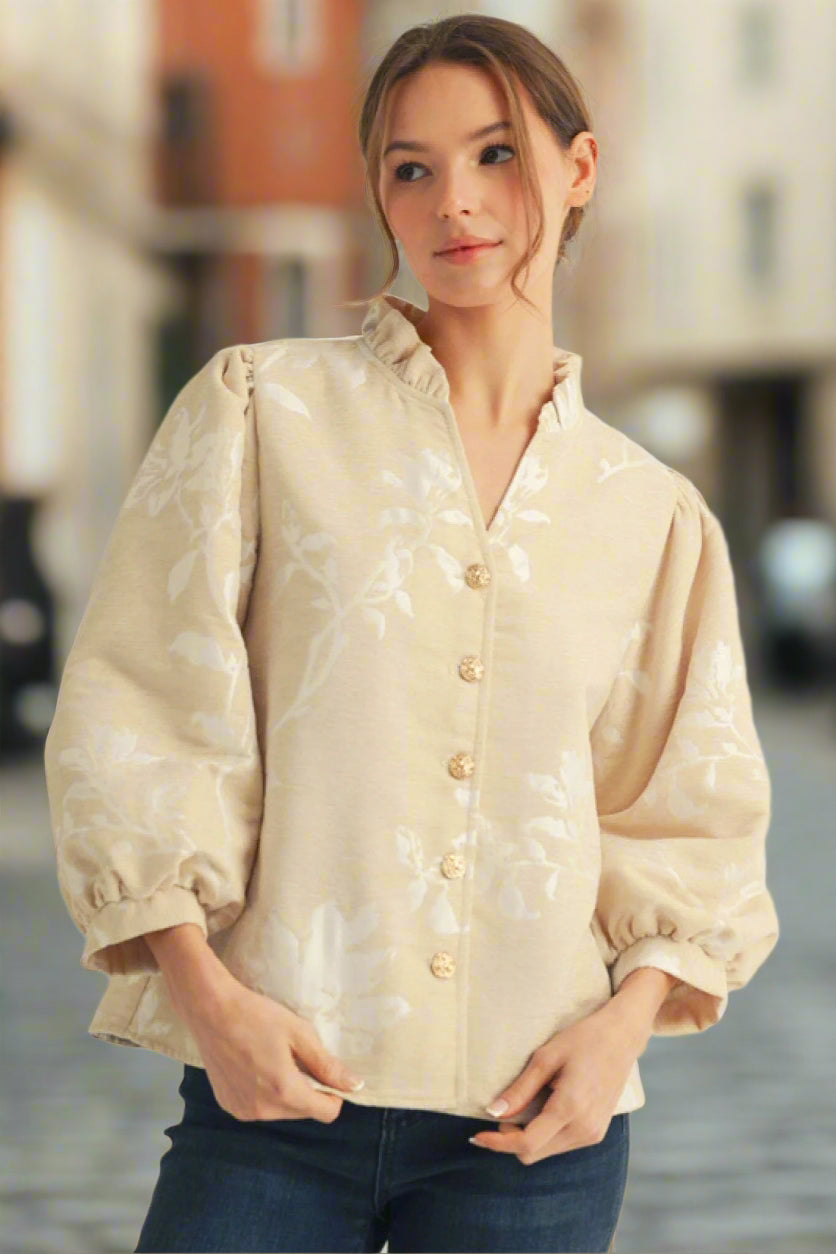 Jodifl 3/4 Sleeve Floral Jacquard Button Down Top – jfybrand