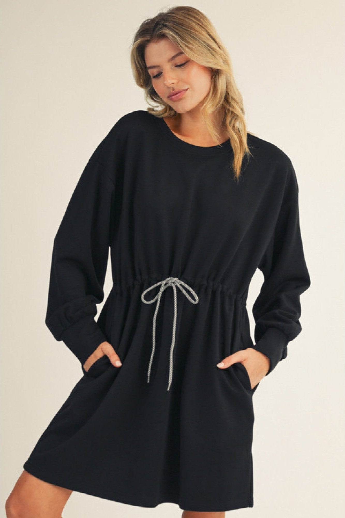 Jodifl Drawstring Waist French Terry Solid Dress jfybrand Jodifl Drawstring Waist French Terry Solid Dress jfybrand