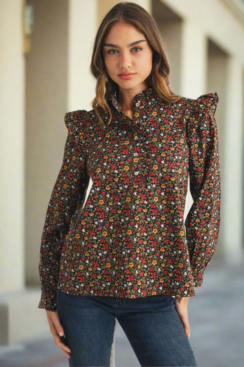Jodifl Floral Print Ruffled Shoulder and Neckline Long Sleeve