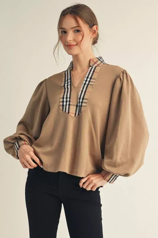 Jodifl Plaid Contrast Accent Long Puff Sleeve Top – jfybrand