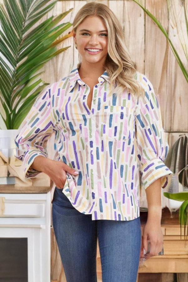 Jodifl Print Button Down Top with Three Quarter Sleeves