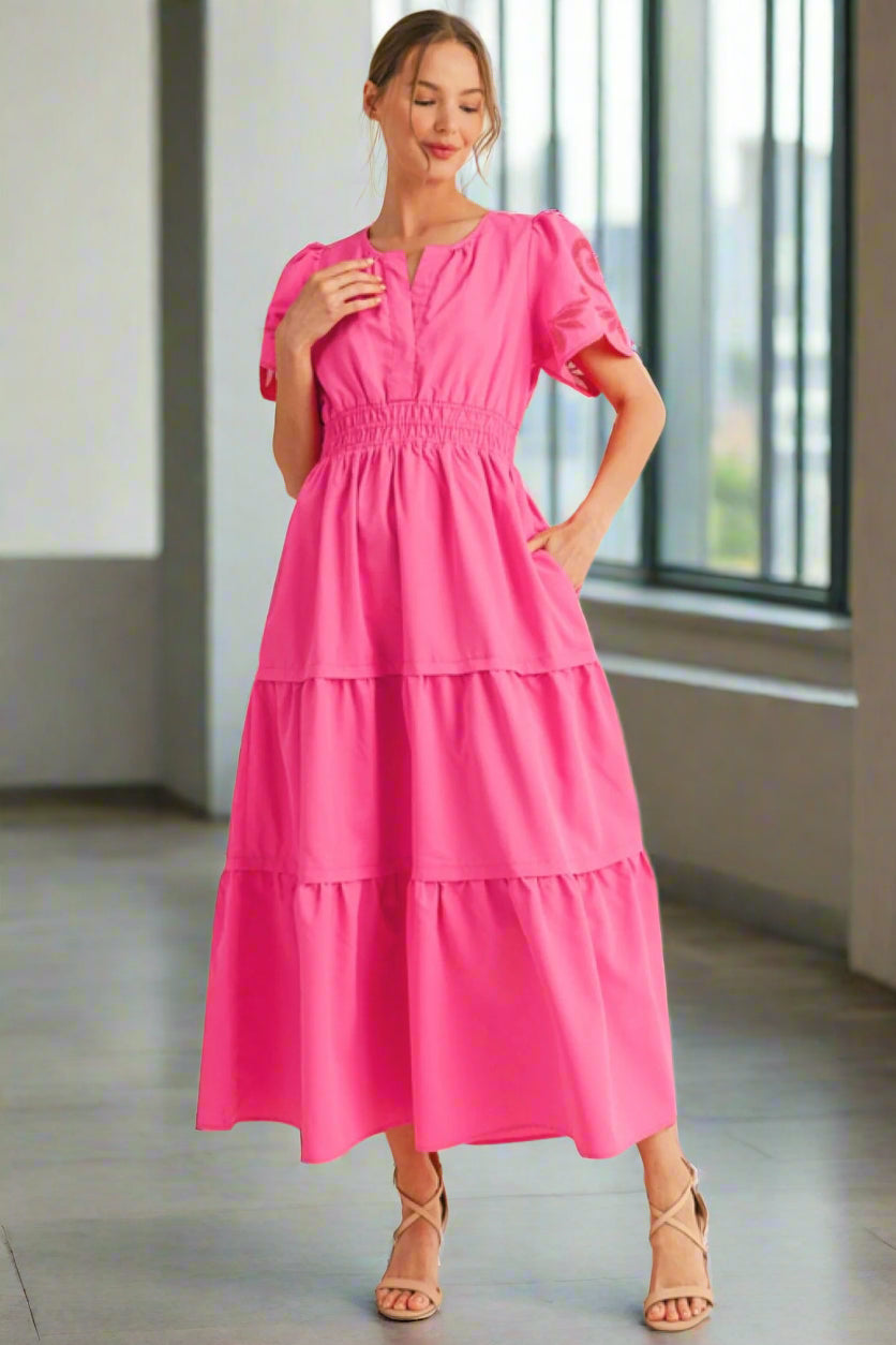 Jodifl Puff Short Sleeve Smocked Waistline Slit Neckline