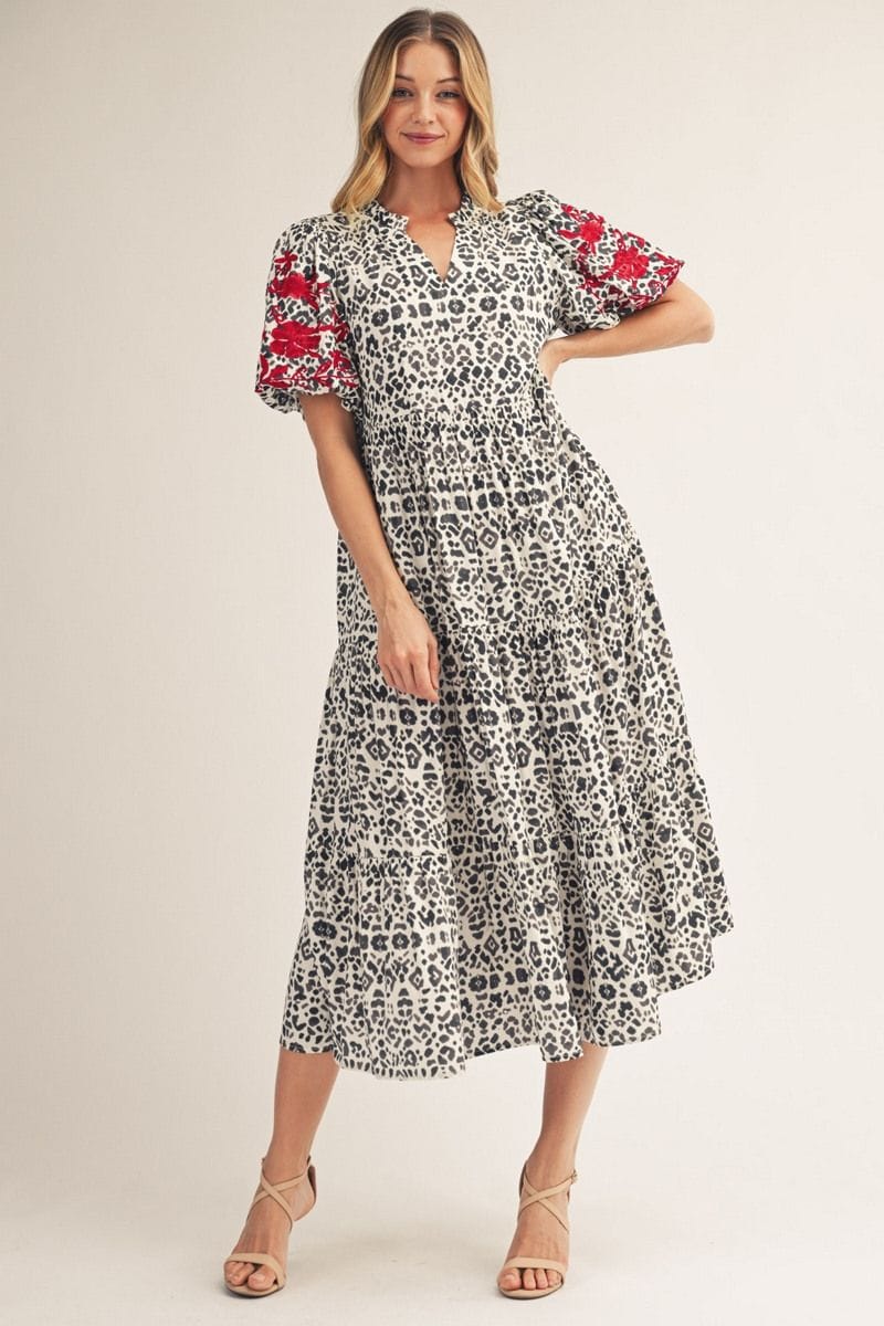 tribal print midi dress Tribal Paisley Print Ruffled Sleeve Notch Neck Midi Dress Dusty Pink / XL