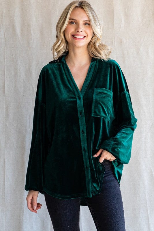 Jodifl Velvet Top with V-Neck, Drop Shoulder, and Long Bubble Sleeves