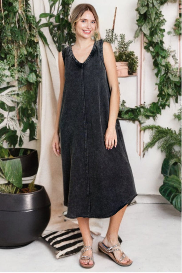 Jodifl Washed Cotton V-Neck Midi Dress with Curved Hemline and Pockets