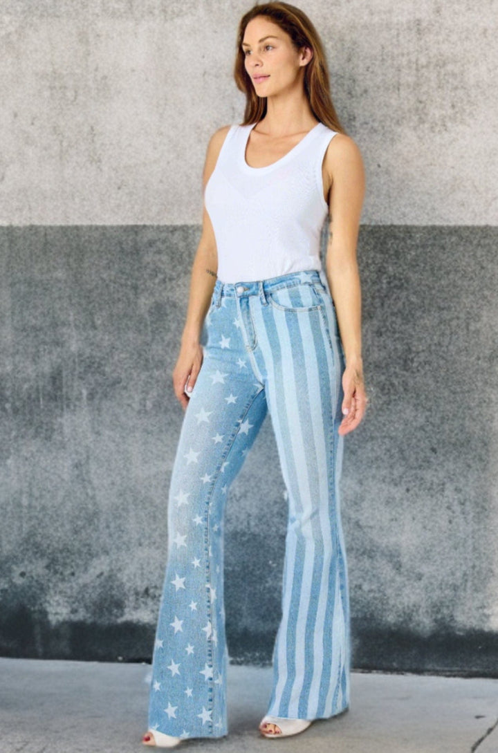 Judy Blue High Waist Bleached Stars & Stripes Flare Jeans