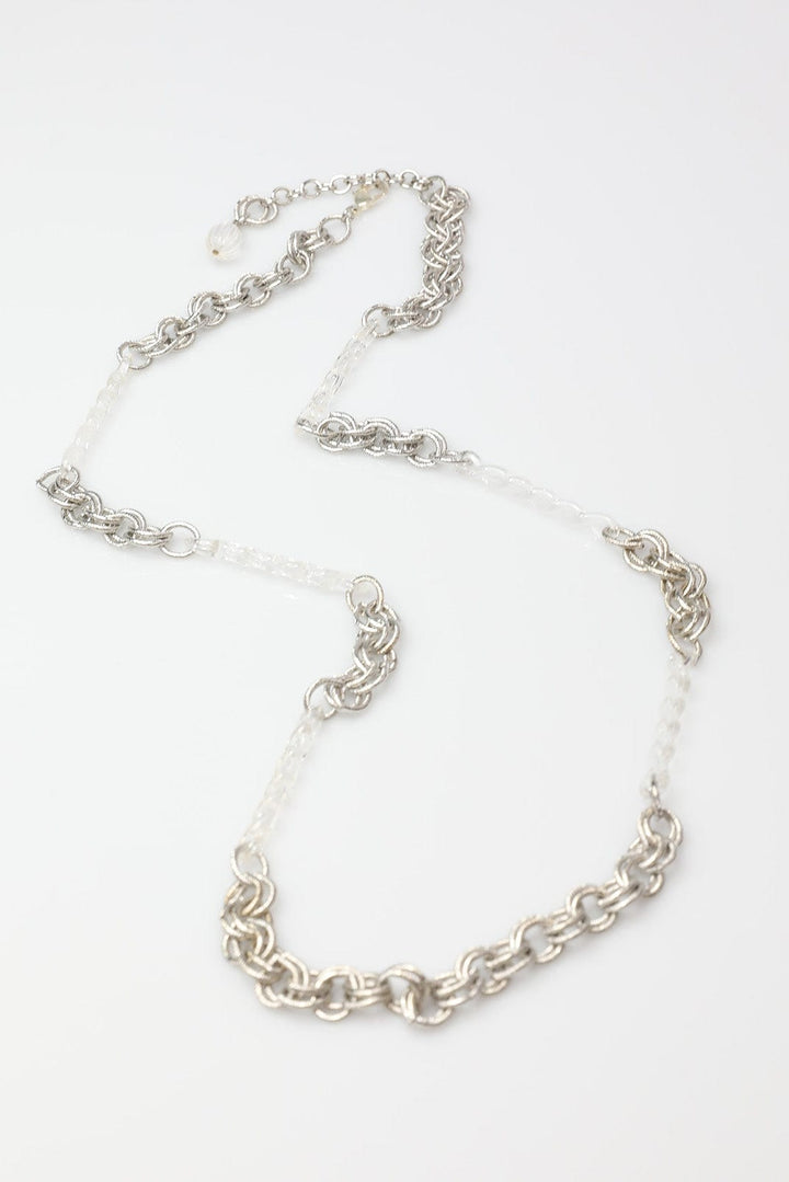 Long Silver Statement Necklace with Vintage Clear Twisted Beads