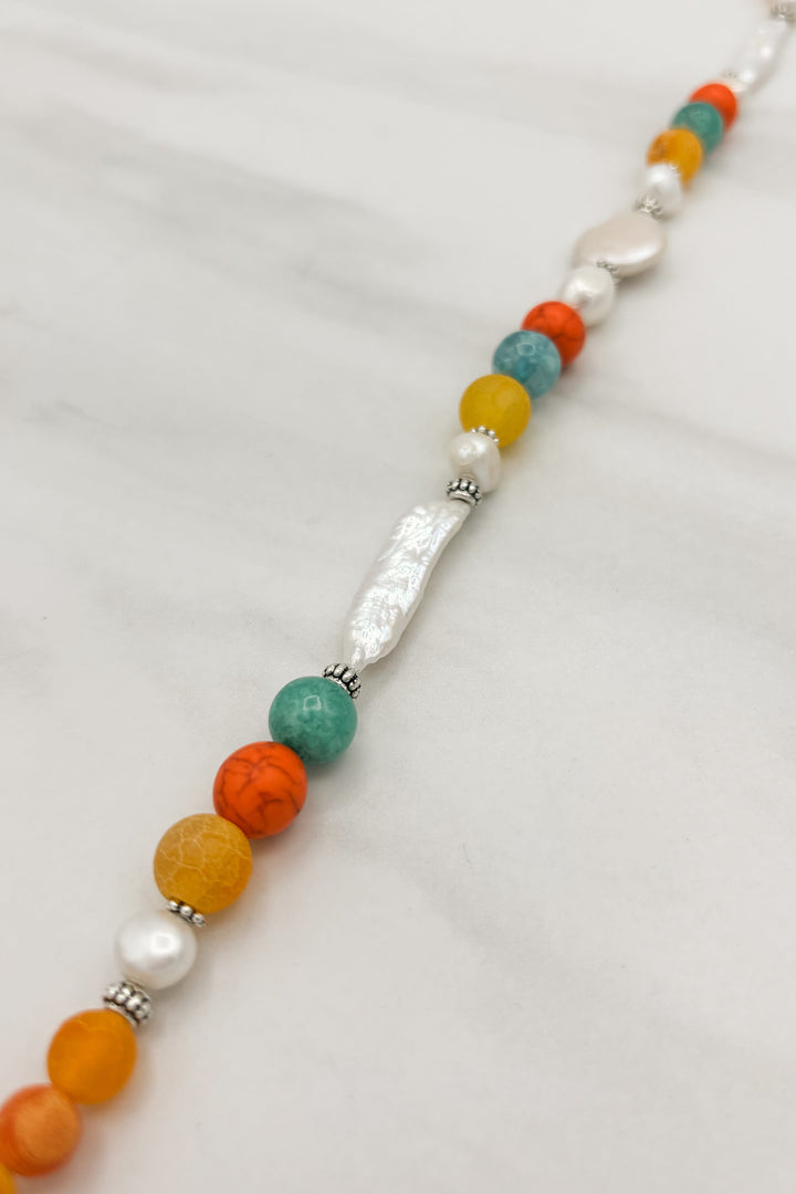 Multi Color Genuine Stones with Fresh Water Pearls Necklace