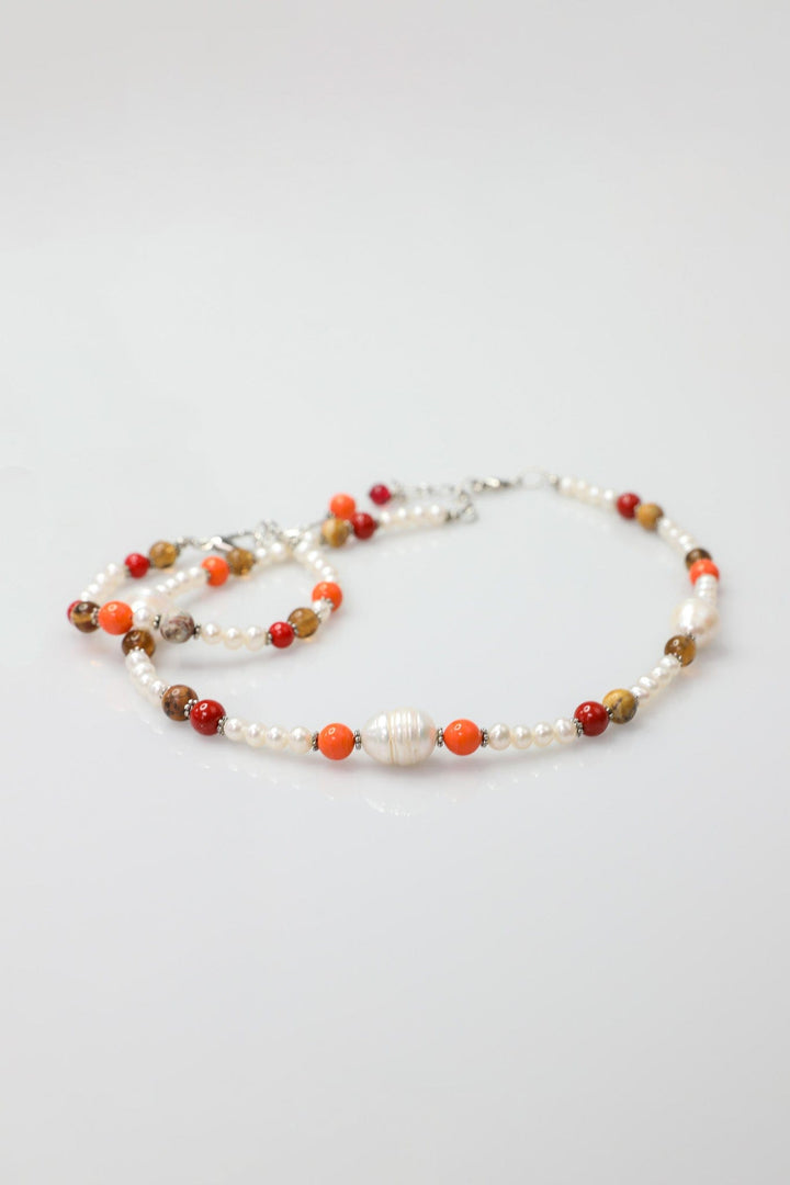 Necklace with Freshwater Pearls and Colorful Red and Orange Beads