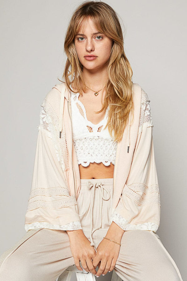POL 3/4 Sleeve Relaxed Fit Jersey and Lace Mix Hoodie