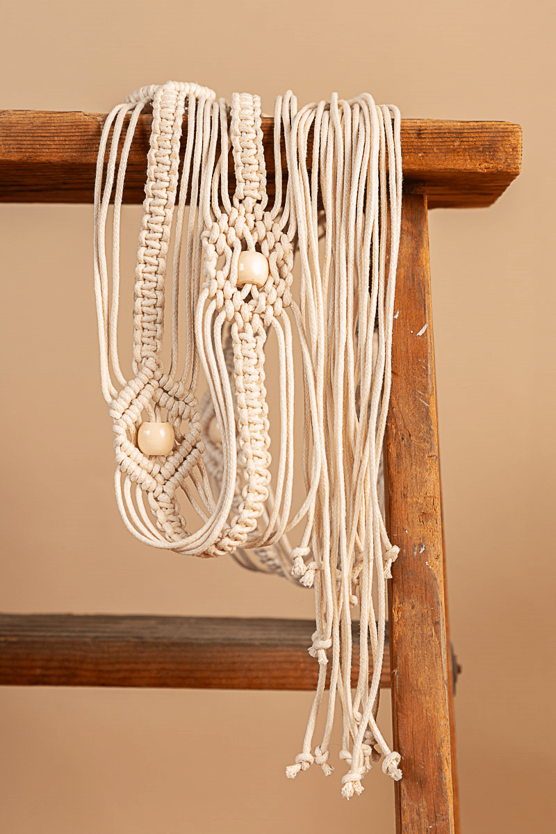 POL Beaded and Braided Macrame Style Natural Cord Belt