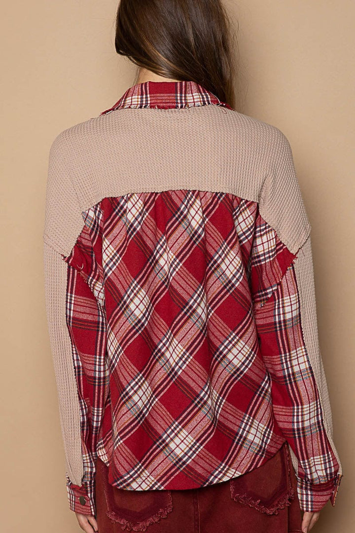 Pol Clothing Contrast Plaid Oversized Long Sleeve Thermal Knit Top