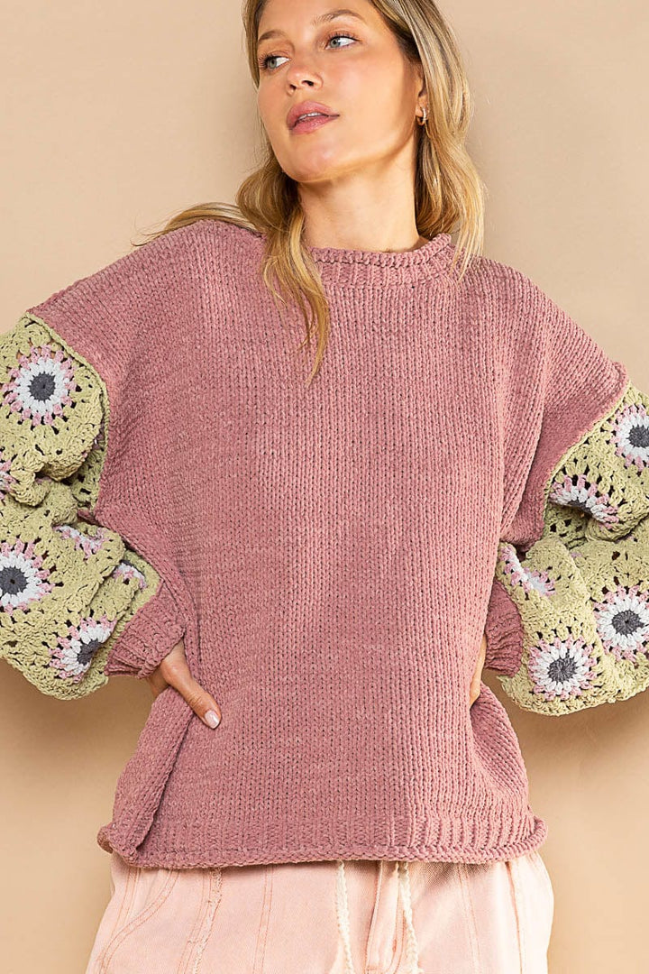 POL Clothing Round Neck Relaxed Fit Pullover Chenille Sweater