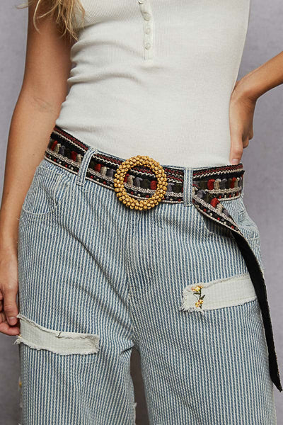 POL Clothing Embroidered Fabric Belt with Beaded Circle Belt Buckle