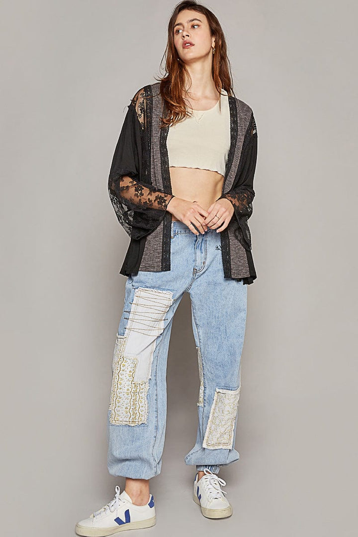 POL Flare Sleeve Ribbed Mixed Lace Open Cardigan