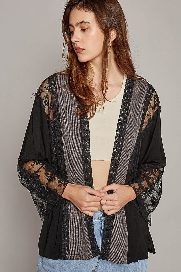 POL Flare Sleeve Ribbed Mixed Lace Open Cardigan