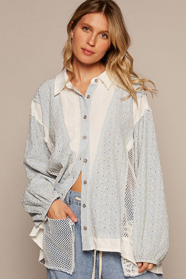 POL Long Sleeve Oversized Fit Shirt with See-Through Crochet Panel