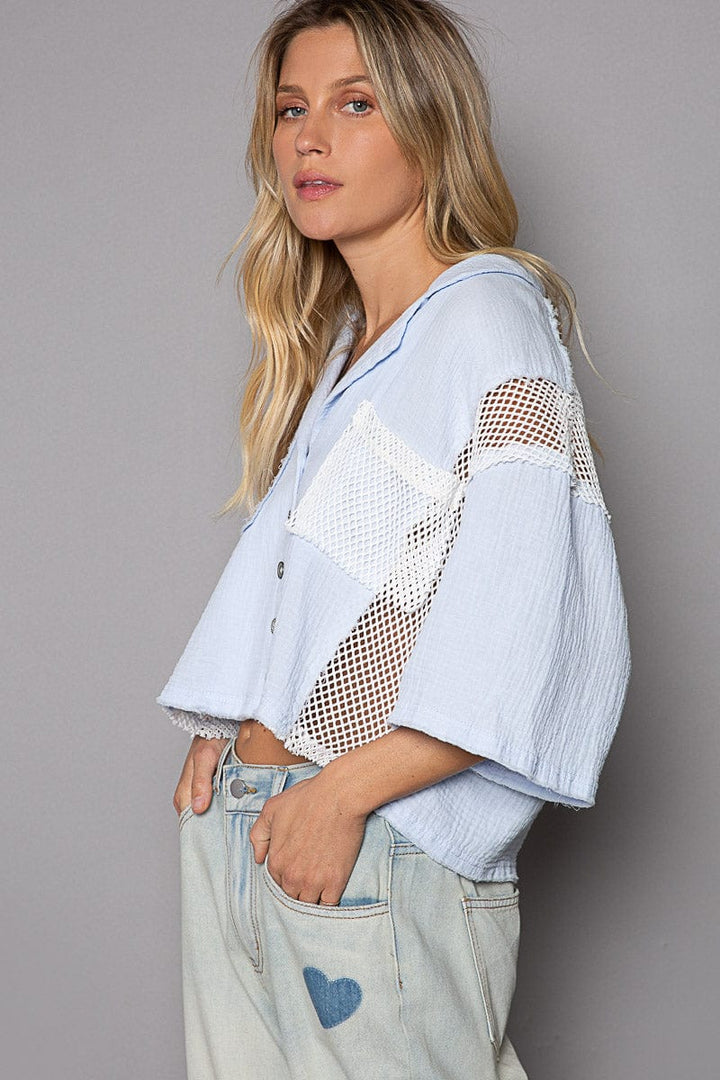 POL Oversized Button-Down Half Sleeve Printed Eyelet and Crochet Shirt
