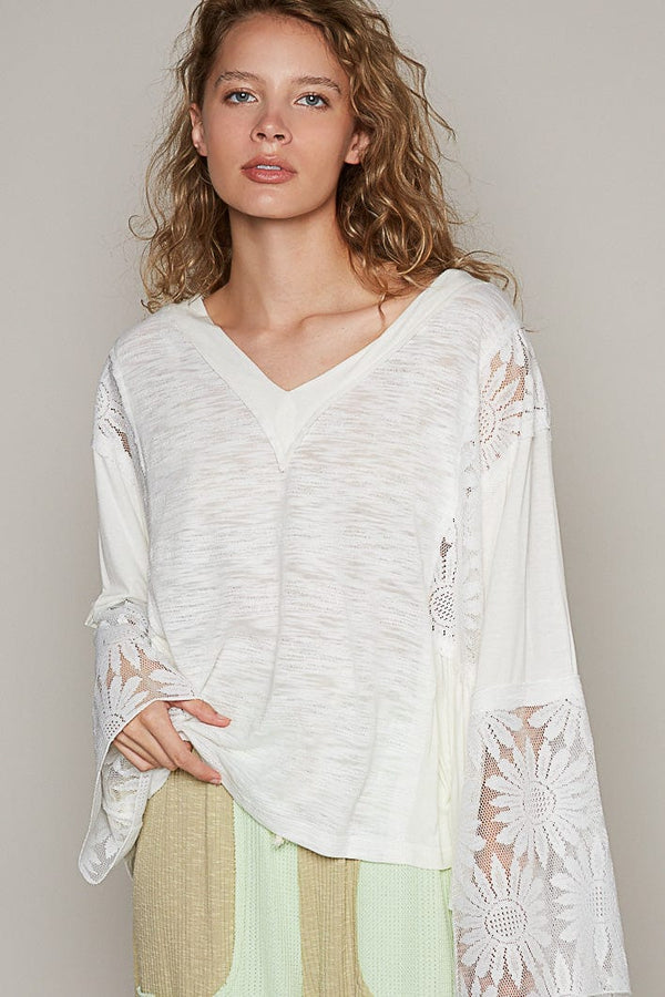 POL Relaxed Fit V-Neck Jersey Top with Sunflower Lace Patches