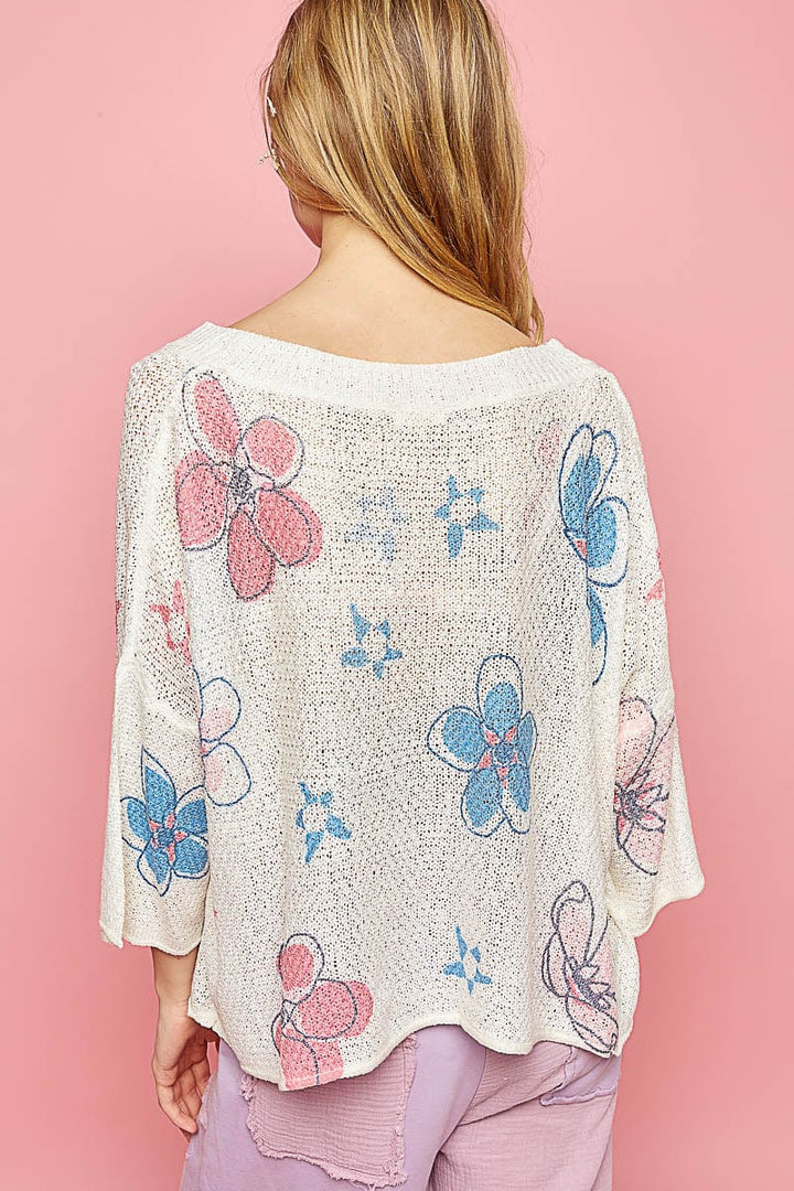 POL V-Neck Oversized Fit Floral Pattern Lightweight Sweater Top