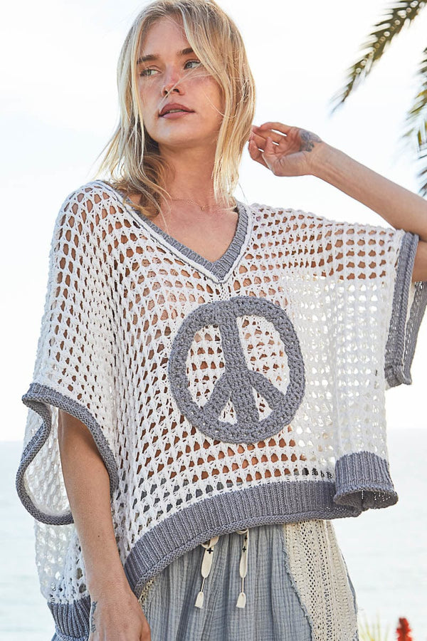 POL V-Neck Relaxed Fit Sweater Top with Front Crochet Peace Sign