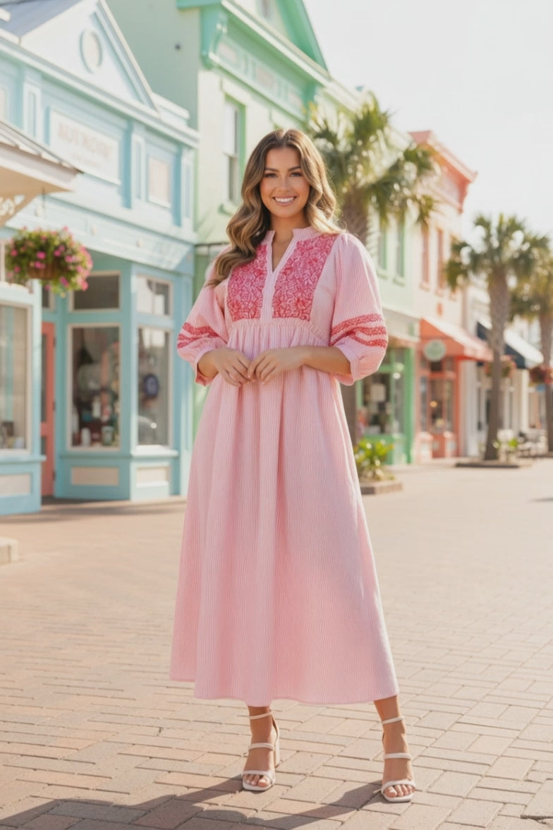 Jodifl Puff Sleeve Striped Midi Dress with Embroidery Details