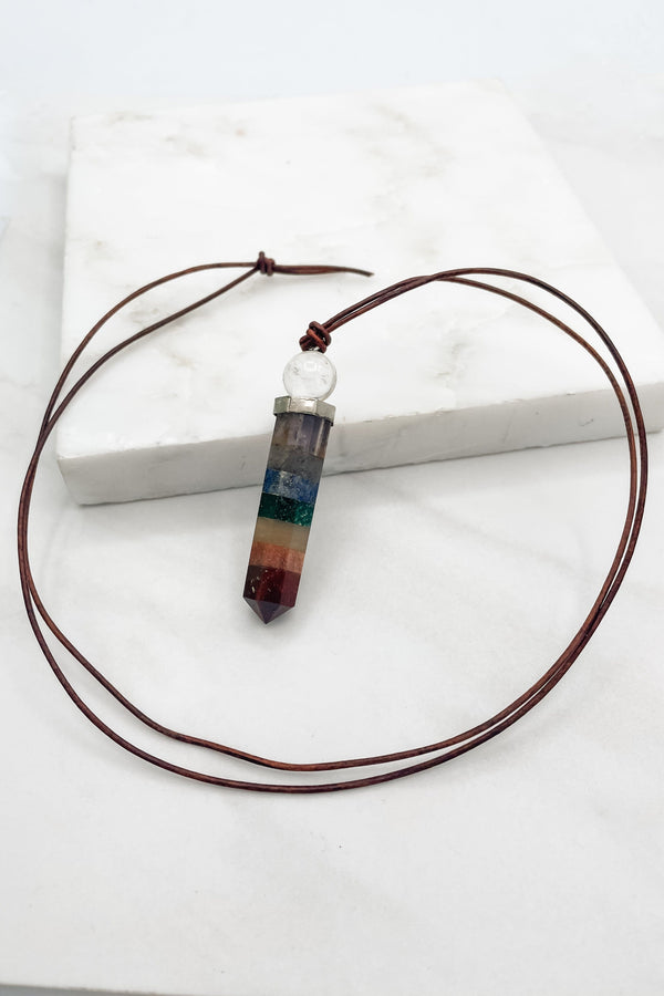 Rainbow Stacked Assorted Genuine Stone Prism Leather Cord Necklace