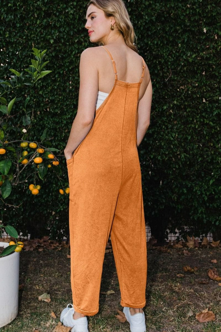 Relaxed Fit Washed Knit Jumpsuit with Front Pockets