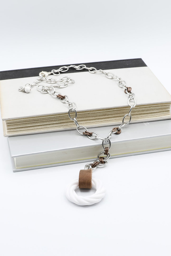 Silver Chain Necklace with Vintage White Accent Ring